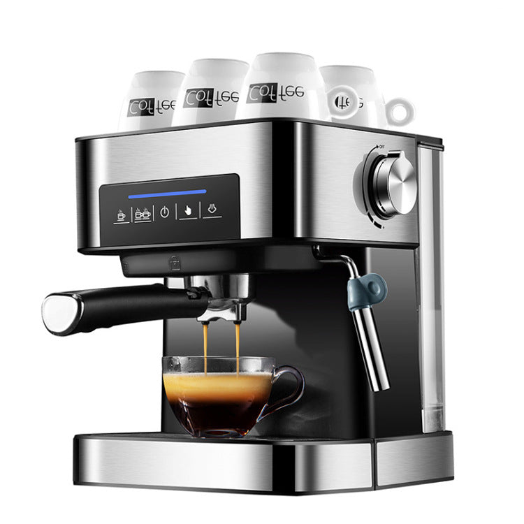 Home espresso machine with milk frother making coffee, featuring stainless steel design and touch button operation.