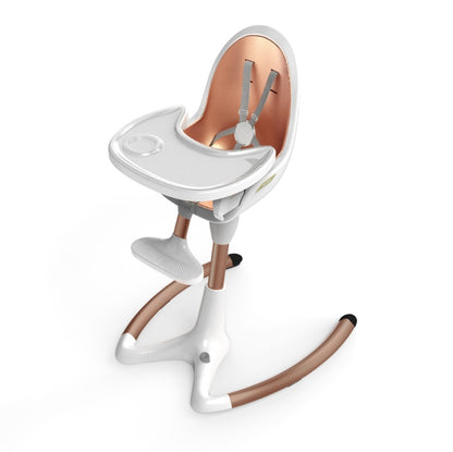 Luxury baby high chair in white and gold design, featuring adjustable seat height and removable tray.