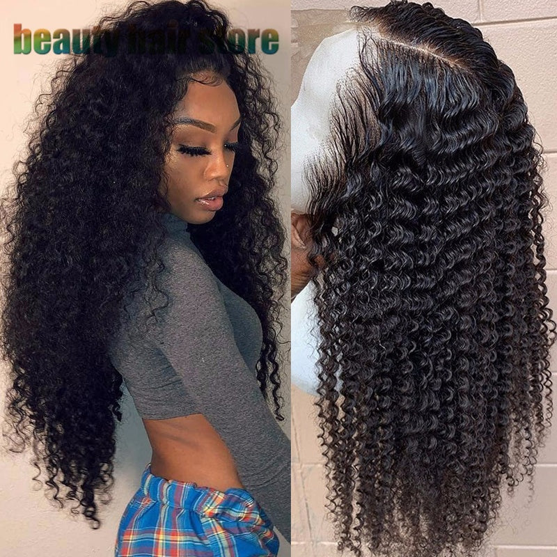 Brazilian kinky curly lace front wig showcasing long curls and detailed hairline for a natural look.