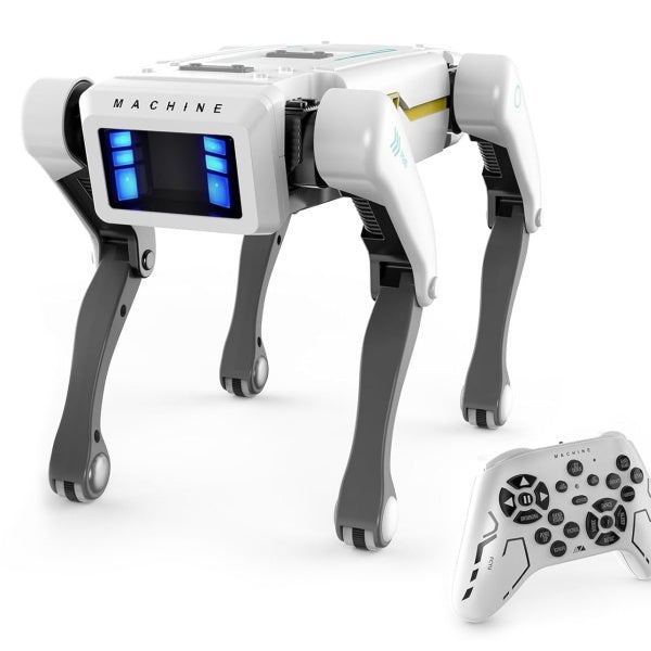 AI robot dog with voice control next to a remote control, showcasing its interactive features.