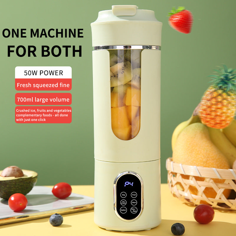 Portable rechargeable juice blender in light green with fruits, showcasing 50W power and 700ml capacity for smoothies.