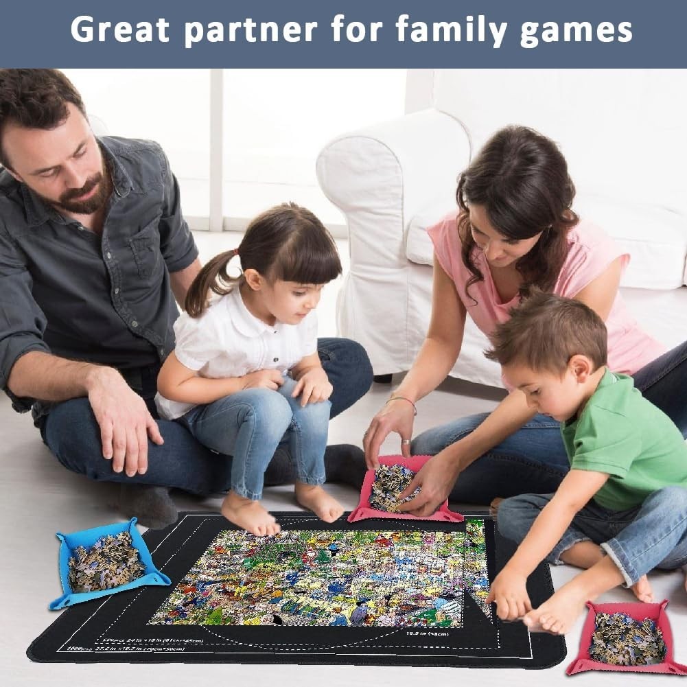 Family enjoying a jigsaw puzzle on a jigsaw puzzle board with sorting trays, fostering quality time together.