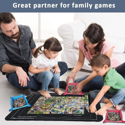 Family enjoying a jigsaw puzzle on a jigsaw puzzle board with sorting trays, fostering quality time together.