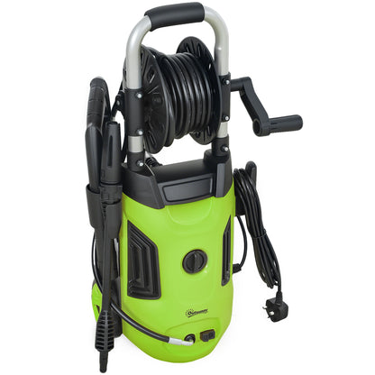 Portable high pressure washer 1800W in green with hose reel and adjustable nozzle for efficient home cleaning.