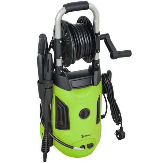 Portable high pressure washer 1800W in green with hose reel and adjustable nozzle for efficient home cleaning.