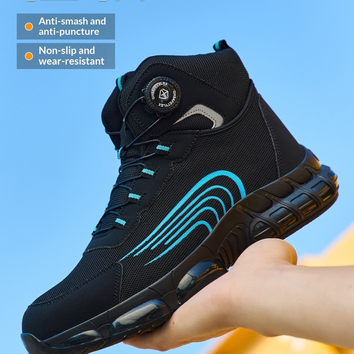 Men's safety shoes with puncture protection, high-top design, comfortable, stylish, anti-smash, anti-puncture features.