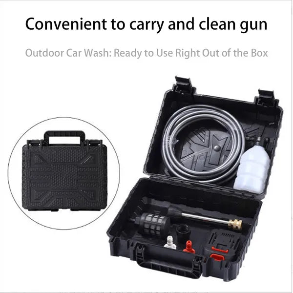 cordless high pressure cleaner with batteries kit showing portable case, spray gun, and pressure washer accessories