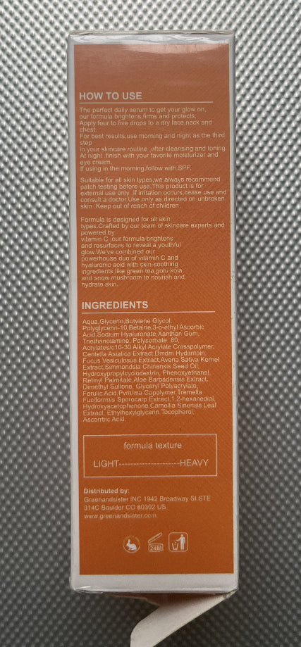 Back of vitamin c facial serum packaging displaying usage instructions and ingredient list.