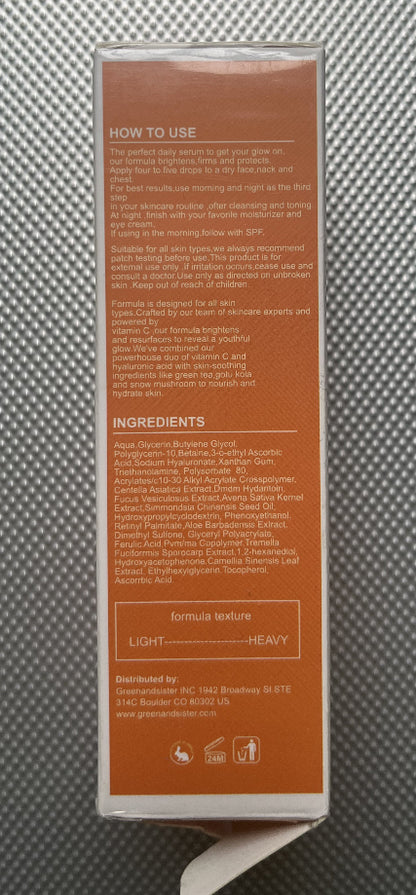 Back of vitamin c facial serum packaging displaying usage instructions and ingredient list.