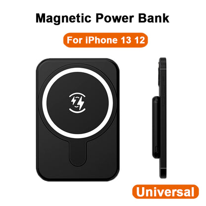 Mini Magnetic Power Bank 5000mAh Wireless for iPhone 13 12, Universal design with magnetic feature.