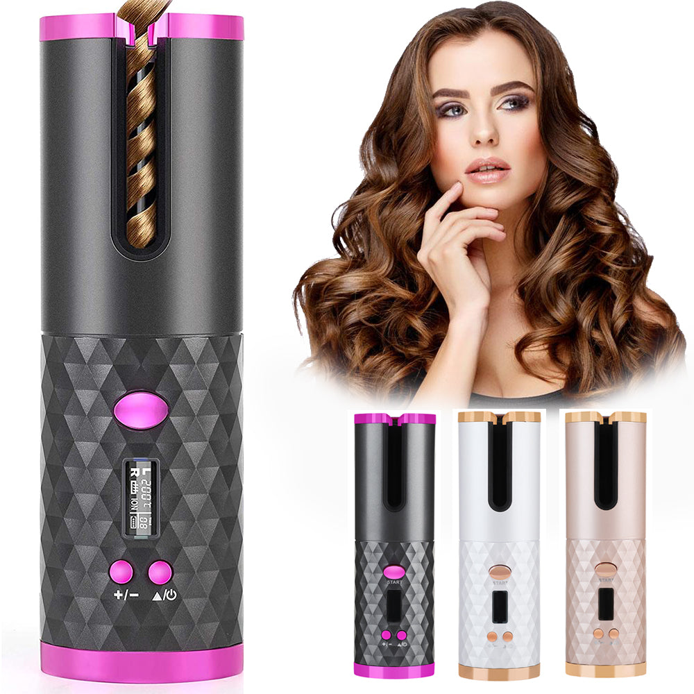 cordless automatic hair curler for women showcasing its stylish design and functionality with a model displaying beautiful curls.