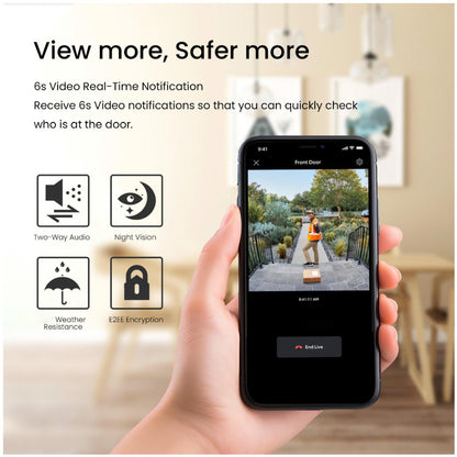 Security video doorbell with dual camera and phone app showing live view and real-time notifications.