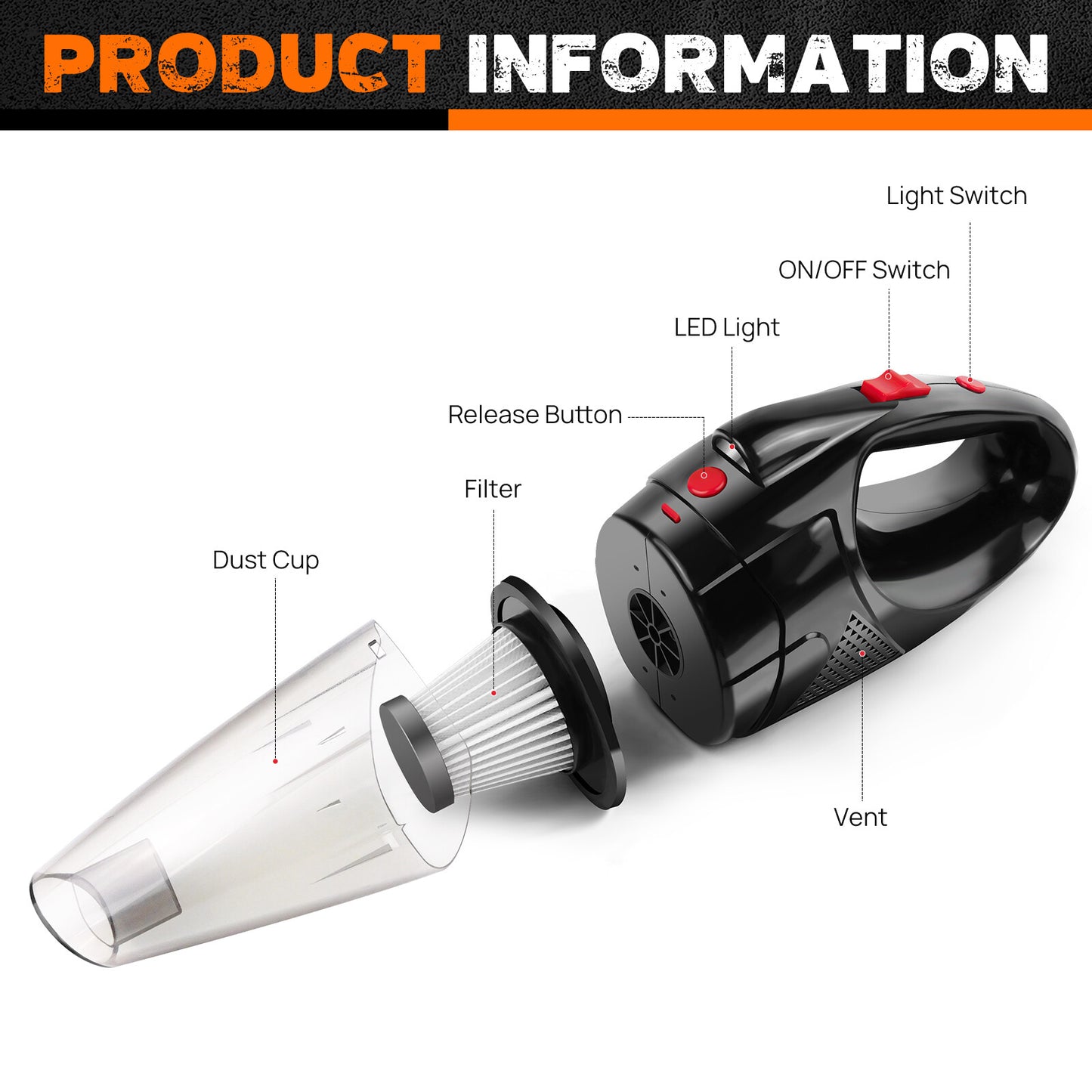 Cordless handheld vacuum cleaner showing product features like dust cup, LED light, and control buttons.