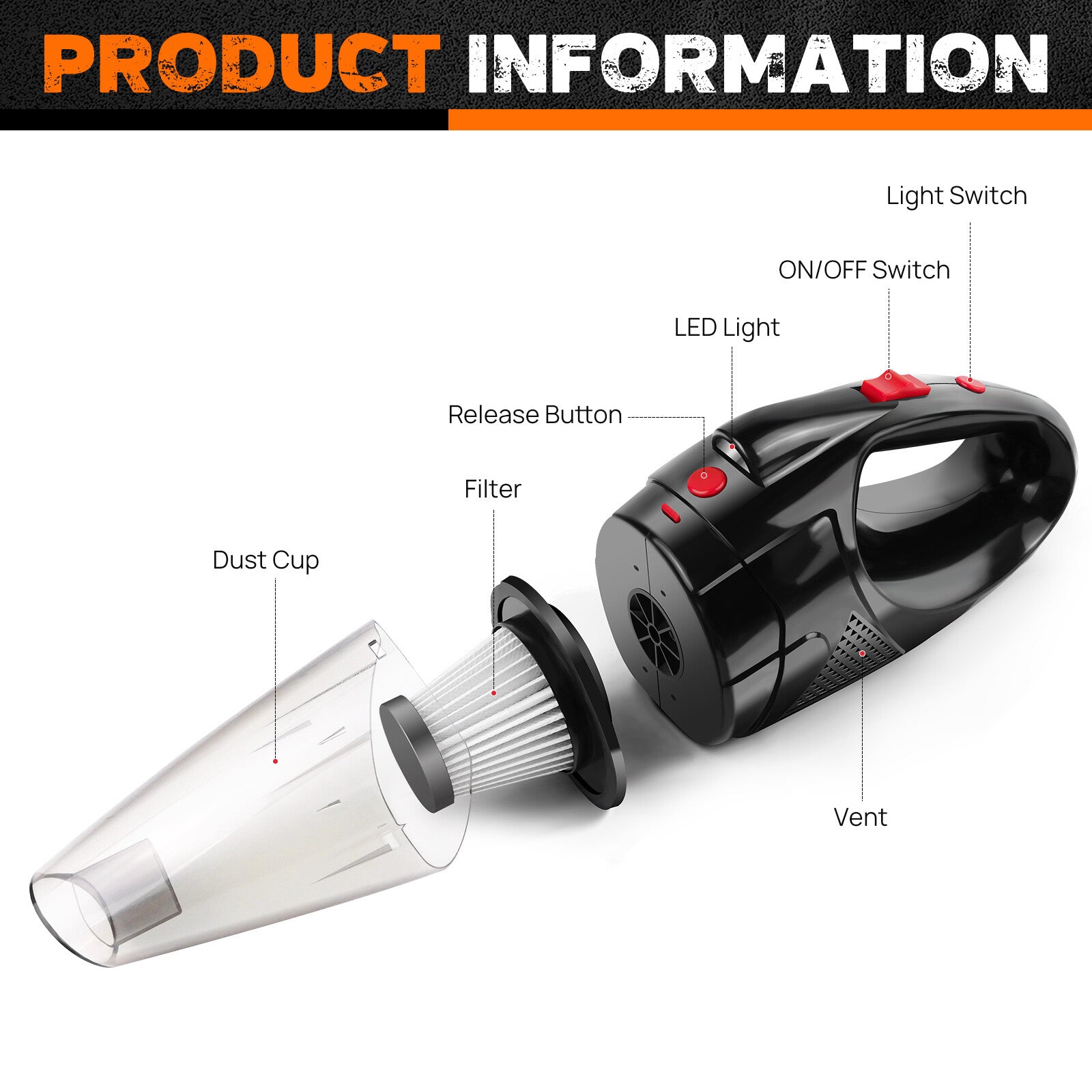 Cordless handheld vacuum cleaner showing product features like dust cup, LED light, and control buttons.
