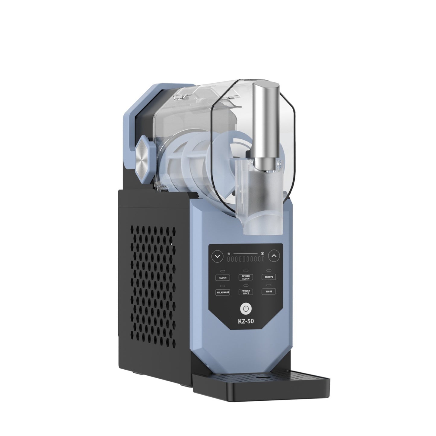 Automatic small ice crusher in blue and black, designed for making smoothies and milkshakes, on a desktop.