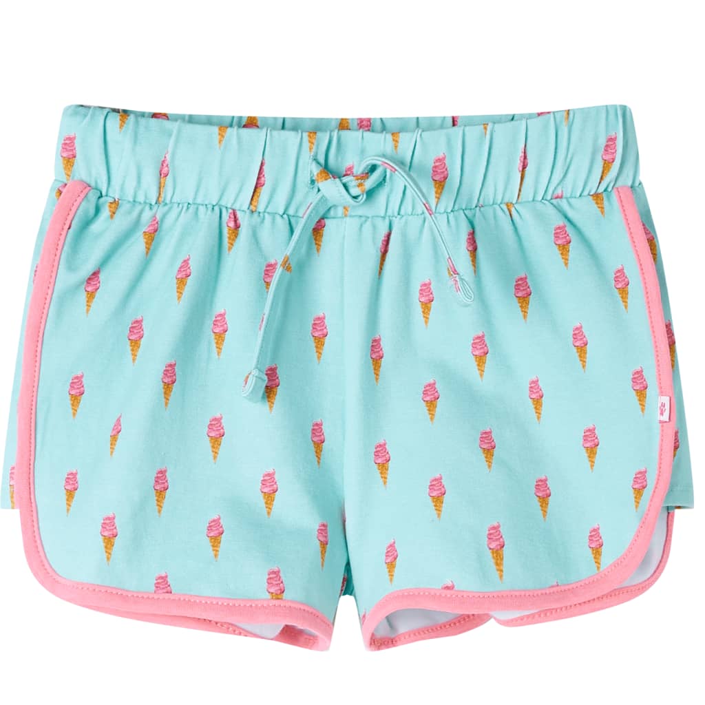 light mint green children's shorts featuring an ice cream cone print and drawstring for kids in size 104.