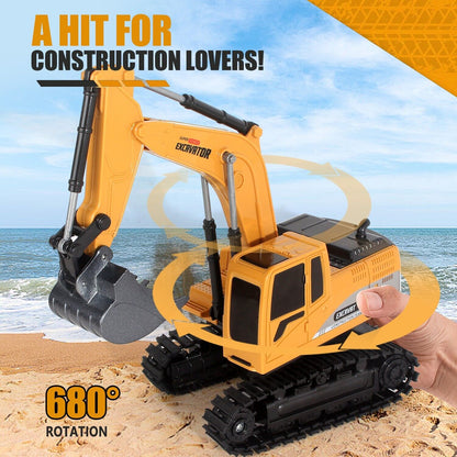 Jiakora remote control excavator toy showcasing its 680° rotation, perfect for construction lovers at the beach.