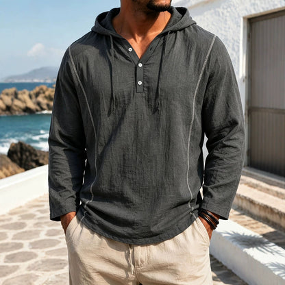 casual loose-fitting hooded sweatshirt for men in gray, stylish pullover with long sleeves by the beach