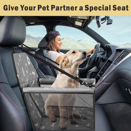 A woman driving a car with her dog securely in a portable dog car seat for small pets, promoting pet travel safety.