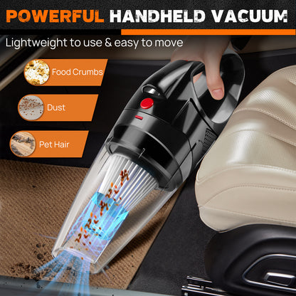cordless handheld vacuum cleaner for deep cleaning car interiors, effective on dust, food crumbs, and pet hair.