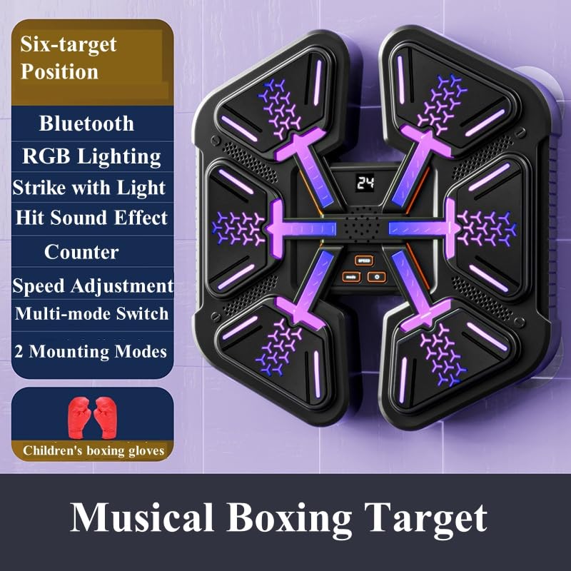 Purple boxing target with Bluetooth, RGB lighting, sound effects, and adjustable speed for dynamic training.