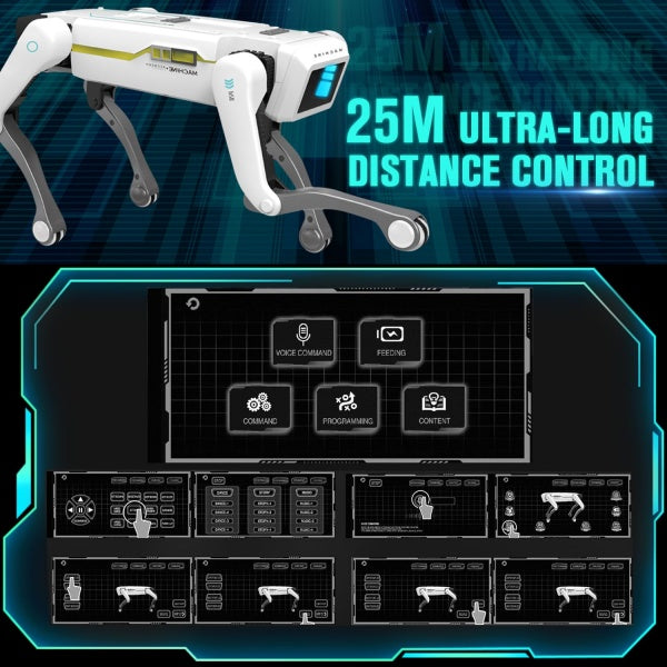 AI robot dog with voice control featuring 25M ultra-long distance control and programming interface.