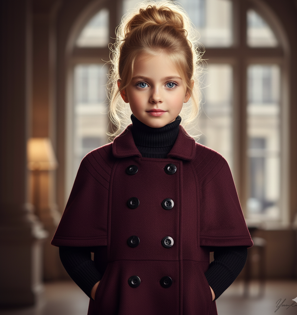 Girls Wine Red Cashmere Wool Blend Coat Vintage A-Line Spring Jacket Elegant 3-9