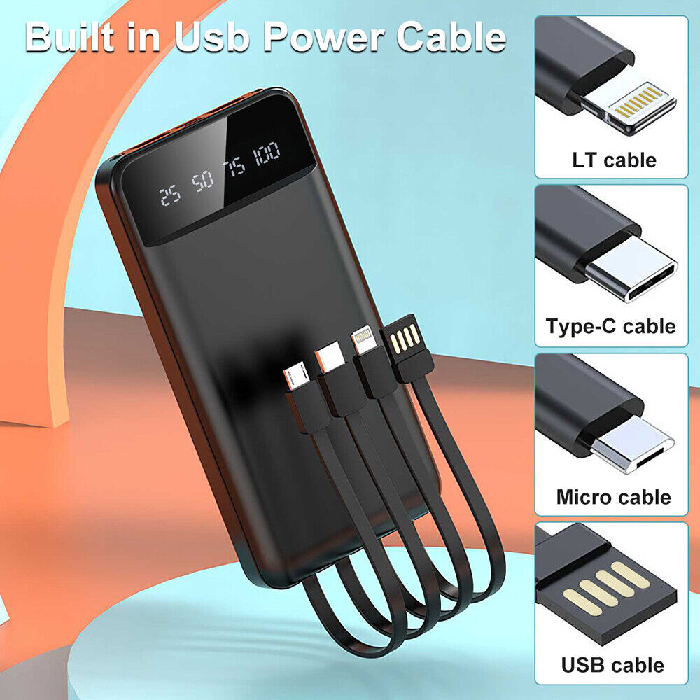 Power Bank Pack 9000000mAh Fast Charger with built-in USB cables for mobile phone charging.