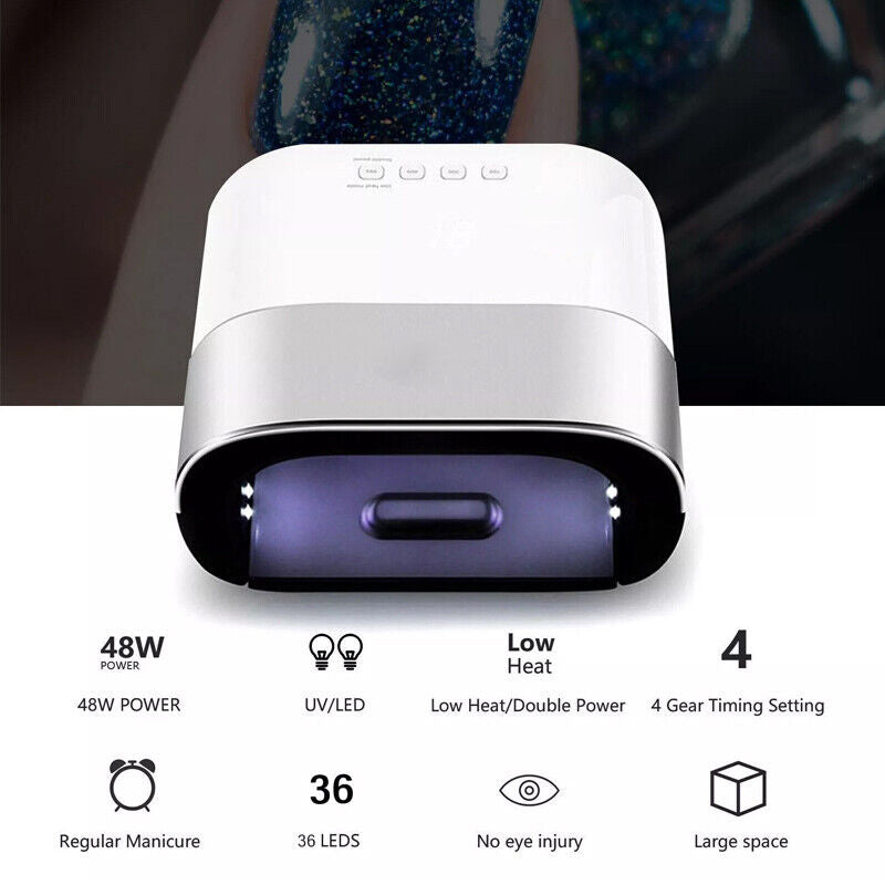 48W UV-LED nail dryer with low heat, 4 timing settings, and 36 LEDs for efficient manicures.