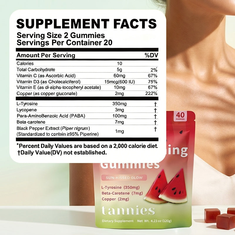 Supplement facts for Daily Tanning Gummies - Watermelon Flavor, featuring L-Tyrosine, Beta-Carotene & Copper.