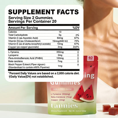 Supplement facts for Daily Tanning Gummies - Watermelon Flavor, featuring L-Tyrosine, Beta-Carotene & Copper.