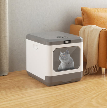 Fully Enclosed Cat Litter Basin Drawer Type featuring a gray cat inside, made of ABS plastic, 48x40x42cm.