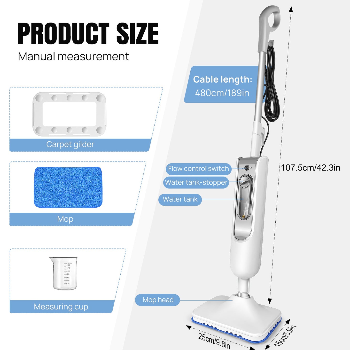 12 in 1 steam mop cleaner product size with cable length, mop head, measuring cup, and carpet glider details.