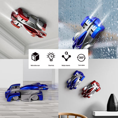 Wall climbing remote control car showcasing dual mode features on various surfaces with LED lights and 360 degree rotation.