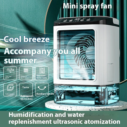 Mini spray fan with dual spray air cooler fan features and water replenishment for summer comfort.