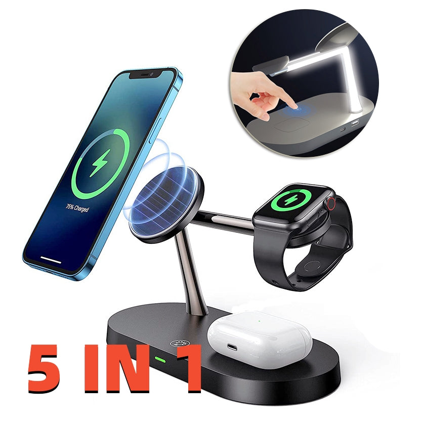 5-in-1 magnetic wireless charger with night lamp, charging iPhone, AirPods, and Apple Watch for fast charging.