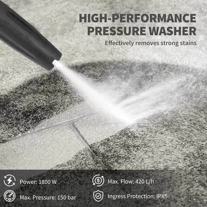 Portable high pressure washer 1800W cleaning strong stains with high-performance nozzle, 150 bar pressure, and 420 L/h flow.