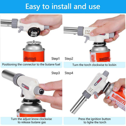 Step-by-step guide for using adjustable flame kitchen blowtorch, showing installation and ignition process.