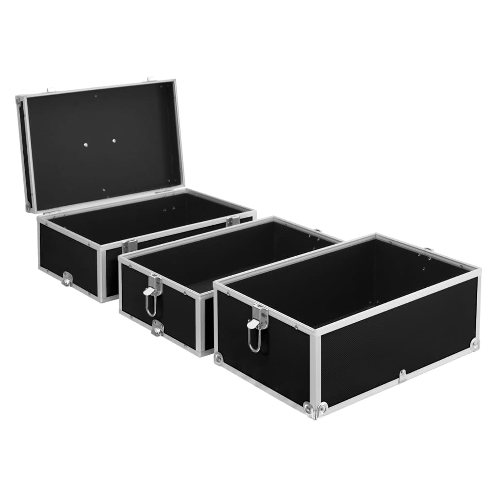 travel cosmetic case set in black aluminum with three containers for organized cosmetics.