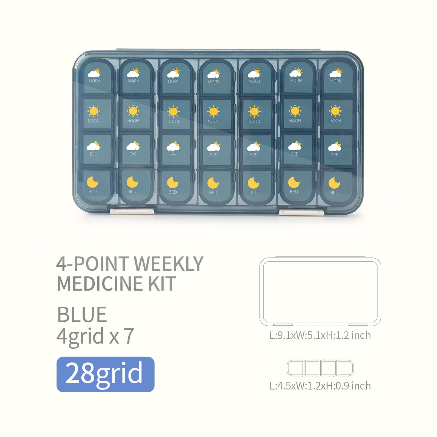 Sealed 1 week pill organizer with 28 compartments, blue color, modern design, ideal for daily medication.