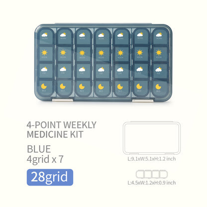 Sealed 1 week pill organizer with 28 compartments, blue color, modern design, ideal for daily medication.