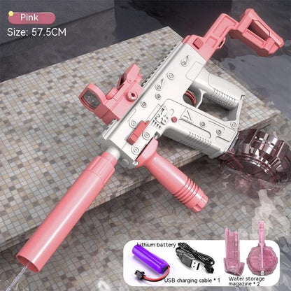 Large capacity electric water gun in pink color resting on a surface, featuring battery and water storage details.