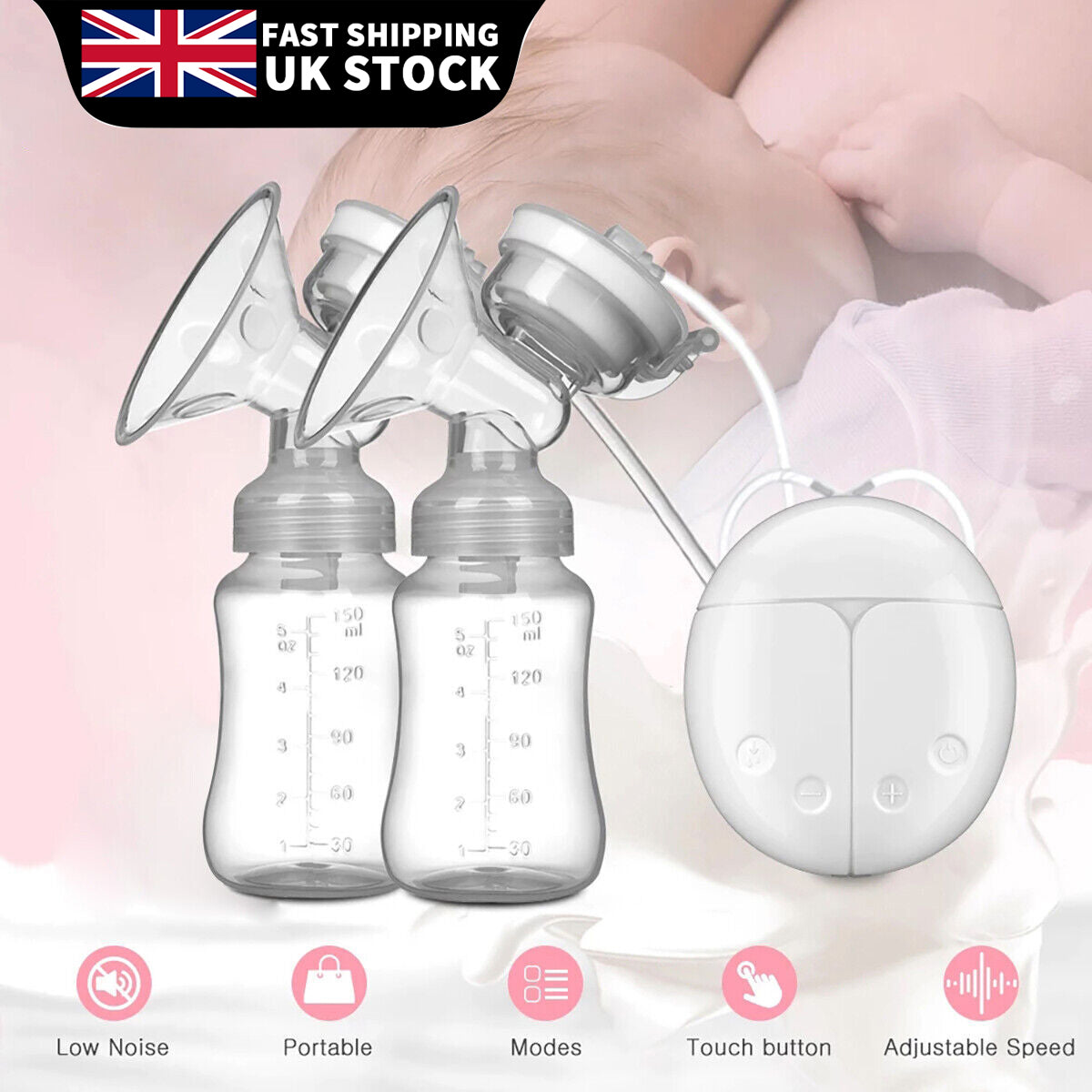 Automatic electric breast pump with lid and nipple kit, featuring two milk storage bottles and adjustable speed settings.