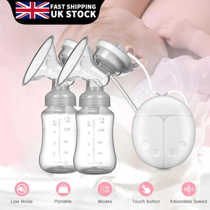 Automatic electric breast pump with lid and nipple kit, featuring two milk storage bottles and adjustable speed settings.
