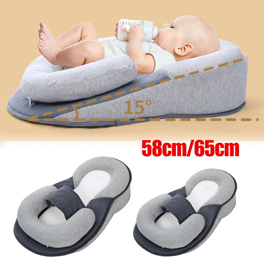Baby bed for acid reflux designed with a gentle incline for feeding and reducing spit-up, featuring soft fabric and secure strap.