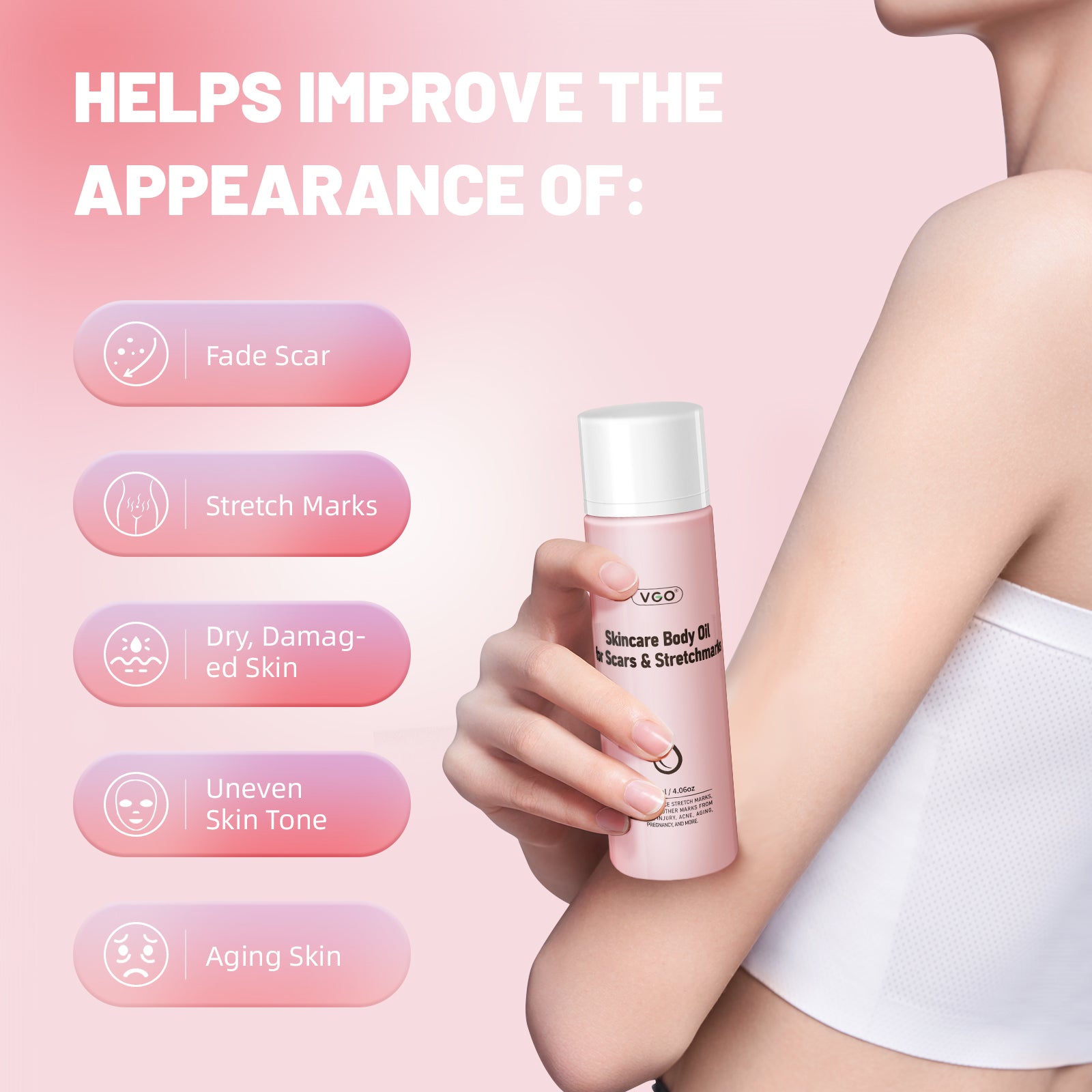 Skincare body oil for scars & stretch marks bottle shown improving skin appearance and reducing scars and stretch marks.