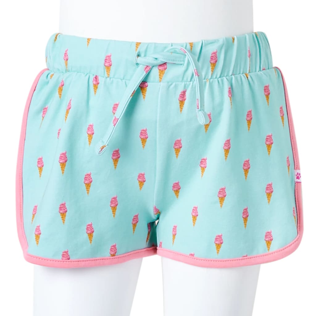 light mint green children's shorts with ice cream cone pattern and drawstring