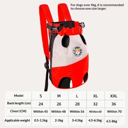 Portable backpack for pet outings in red and gray, suitable for small to medium dogs, with adjustable sizes.