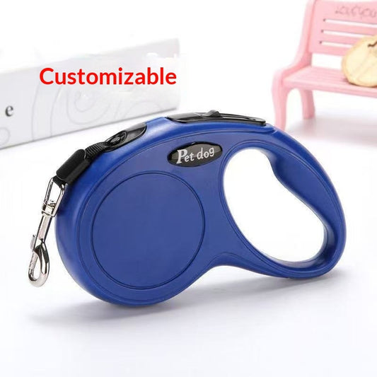 Retractable dog leash with hand brake in blue color, featuring customizable options and ergonomic design.