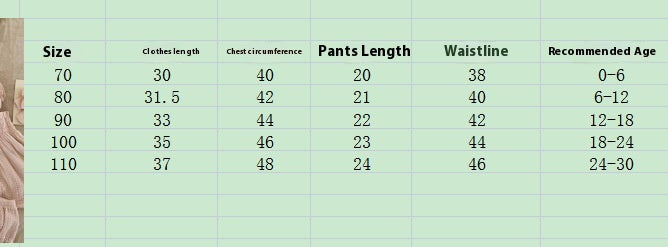 Size chart for girls solid color sling top shorts set with measurements for clothing length, chest circumference, pants length, waistline, and recommended age.